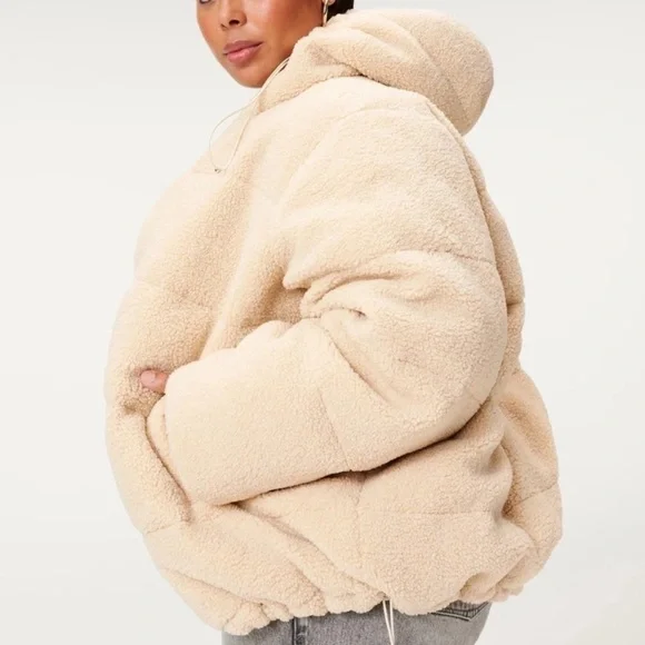 Good American Womens Essentials Sherpa Cocoon Hooded Puffer Coat Size 4 Cream XL